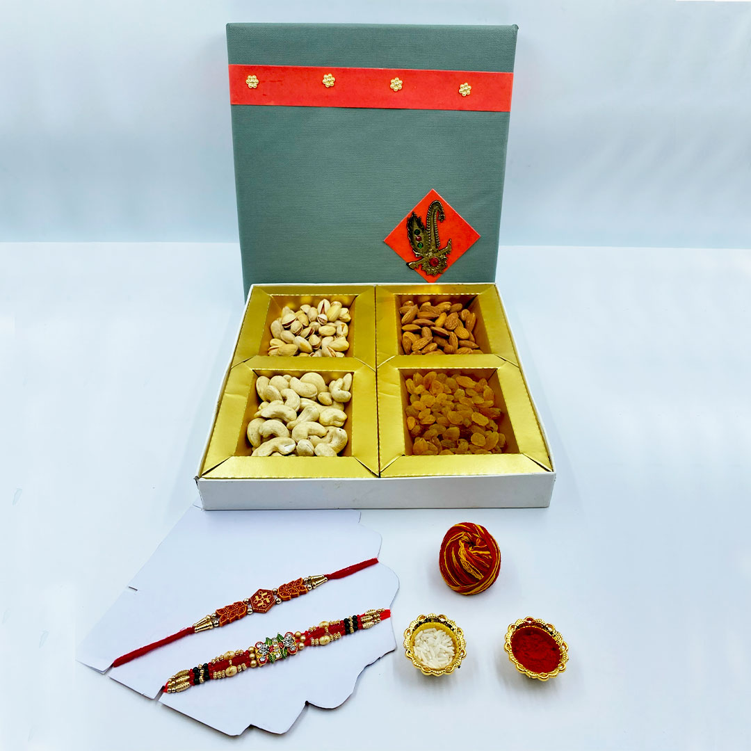 Raksha Bandhan Premium Gift Box | 2 Designer Rakhis with 400g Assorted Dry Fruits – Almonds, Cashews, Pistachios & Raisins | Roli, Chawal & Moli Included | Elegant Rakhi Hamper for Brother & Bhaiya-Bhabhi | Healthy Festive Rakhi Gift for Family