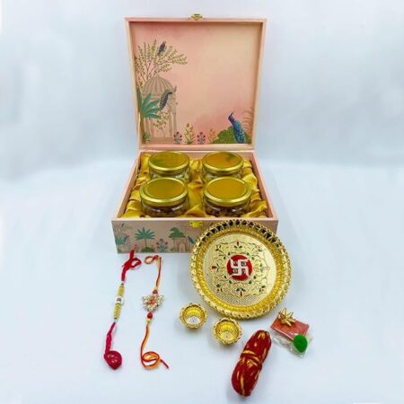 Raksha Bandhan Gift Hamper – 600g Premium Dry Fruits (Almonds, Cashews, Pistachios, Raisins) with Rakhi Puja Thali, Roli-Chawal & Festive Essentials | Rakhi Gift Box for Brother, Family & Corporate Gifting