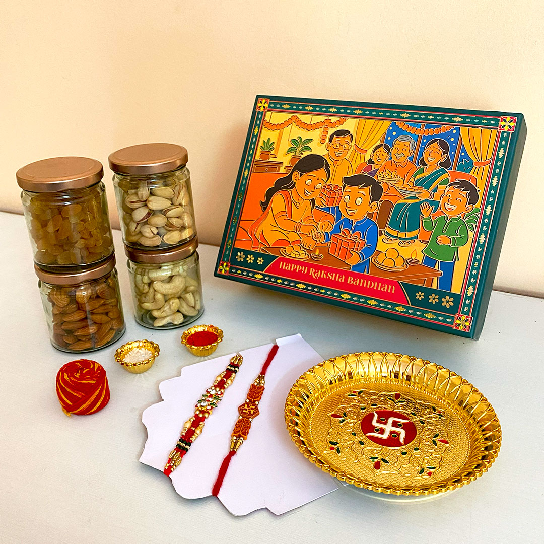 Premium Rakhi Gift Hamper for Brother & Sister | Designer Rakhi Set with 400g Dry Fruits (Almonds, Cashews, Raisins, Pistachios) | Golden Puja Thali, Roli Chawal Moli | Elegant Raksha Bandhan Celebration Box