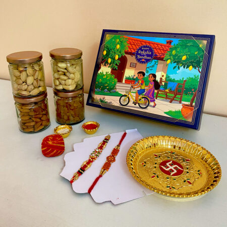 Premium Luxury Rakhi Gift Hamper for Brother & Sister | Designer Rakhi Set with 4 Premium Dry Fruits in Glass Jars | Traditional Pooja Thali, Roli Chawal & Moli | Elegant Raksha Bandhan Gift Box for Siblings, Bhaiya-Bhabhi, Family & Corporate Gifting