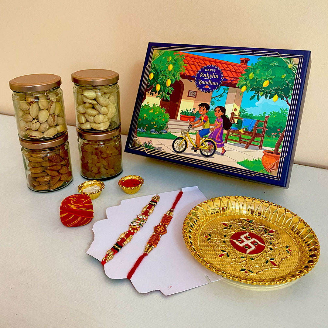 Premium Luxury Rakhi Gift Hamper for Brother & Sister | Designer Rakhi Set with 4 Premium Dry Fruits in Glass Jars | Traditional Pooja Thali, Roli Chawal & Moli | Elegant Raksha Bandhan Gift Box for Siblings, Bhaiya-Bhabhi, Family & Corporate Gifting