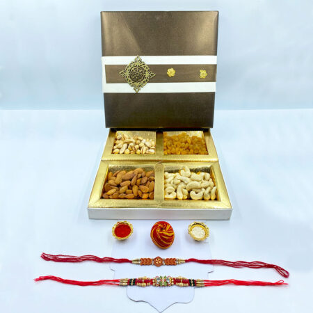 Luxury Rakhi Gift Hamper for Brother & Bhaiya-Bhabhi | 400g Premium Dry Fruits – Cashews, Almonds, Pistachios & Raisins | 2 Handcrafted Designer Rakhis with Roli, Chawal & Moli | Elegant Raksha Bandhan Gift Box for Festive Gifting