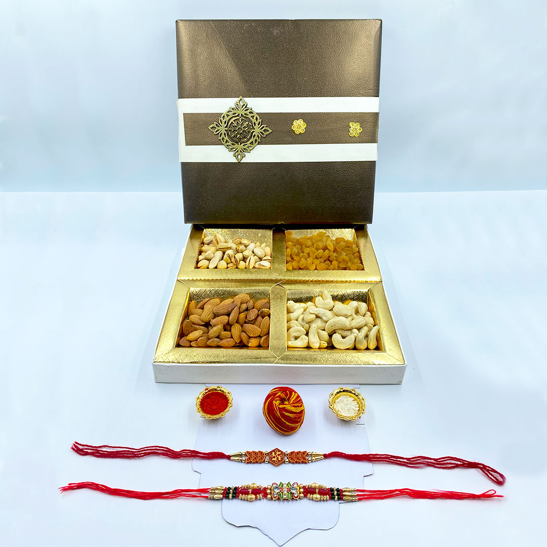Luxury Rakhi Gift Hamper for Brother & Bhaiya-Bhabhi | 400g Premium Dry Fruits – Cashews, Almonds, Pistachios & Raisins | 2 Handcrafted Designer Rakhis with Roli, Chawal & Moli | Elegant Raksha Bandhan Gift Box for Festive Gifting