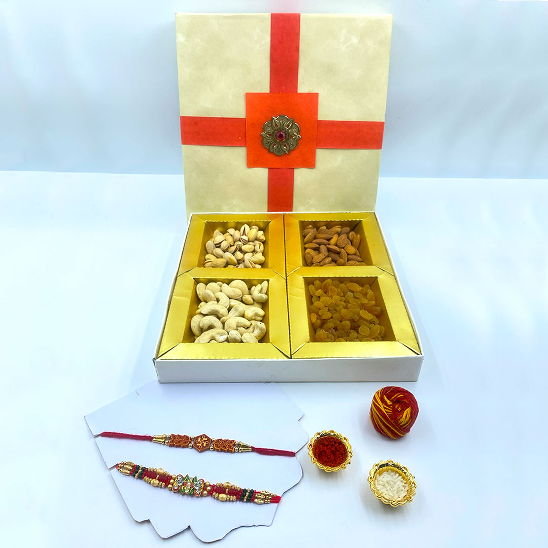 Premium Rakhi Gift Hamper | 400g Assorted Dry Fruits (Cashews, Pistachios, Almonds & Raisins) with Designer Rakhi Set | Includes Roli, Chawal & Moli | Elegant Raksha Bandhan Gift Box for Brother & Bhaiya-Bhabhi