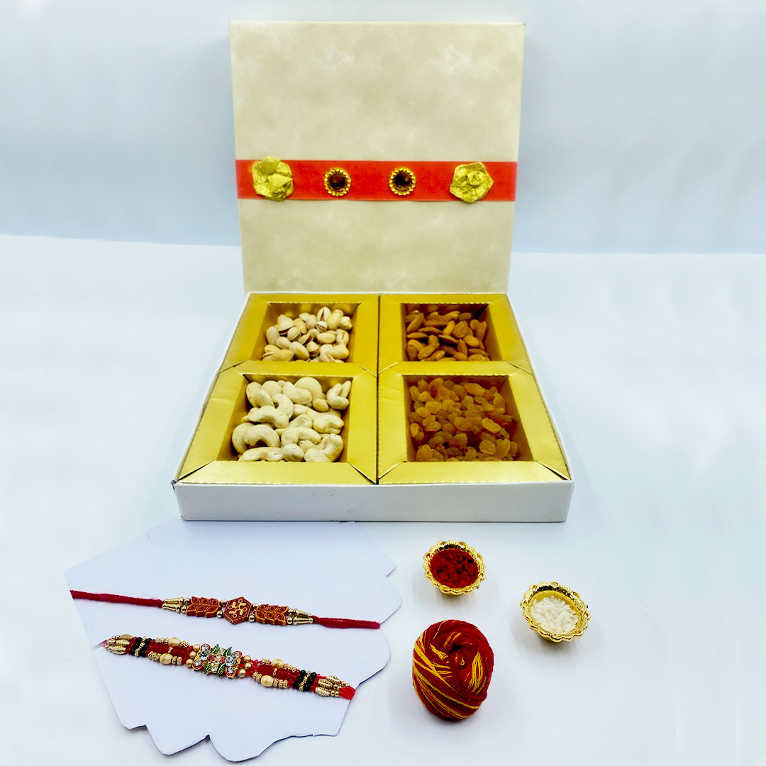 Raksha Bandhan Premium Gift Box | 2 Designer Rakhis with 400g Assorted Dry Fruits – Almonds, Cashews, Pistachios & Raisins | Roli, Chawal & Moli Included | Elegant Rakhi Hamper for Brother & Bhaiya-Bhabhi | Healthy Festive Rakhi Gift for Family