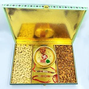 Premium Rakhi Gift Hamper | 200g Almonds & 200g Cashews with Designer Rakhi, Pooja Thali, Roli, Moli & Chawal | Luxurious Raksha Bandhan Dry Fruit Gift Box for Brother, Bhaiya-Bhabhi & Family