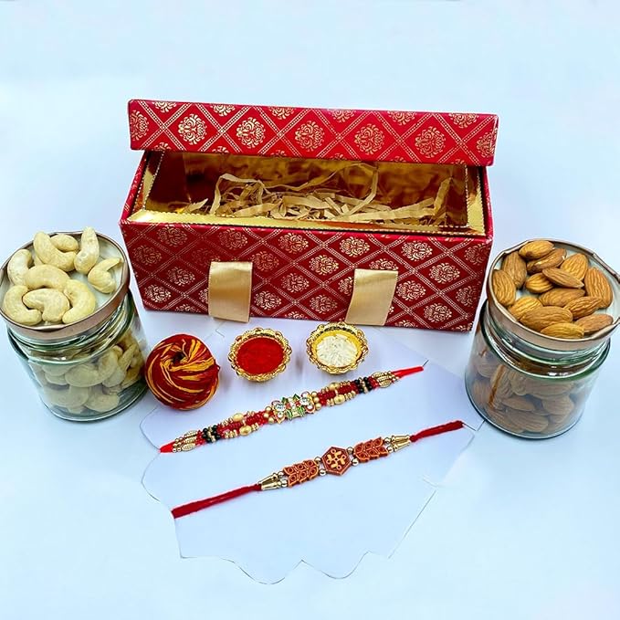 Raksha Bandhan Gift Hamper | Designer Rakhi Set with 100g Almonds & 100g Cashews in 2 Glass Jars | Includes Roli, Chawal & Moli in Luxurious Red-Gold Box | Rakhi Gift for Brother, Bhaiya-Bhabhi & Family