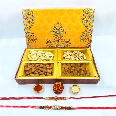 Premium Raksha Bandhan Dry Fruit Gift Hamper – 400g | Designer Rakhi Set with Almonds, Cashews, Pistachios & Raisins | Roli, Chawal & Moli Included | Luxury Rakhi Gift Box for Brother & Bhaiya-Bhabhi