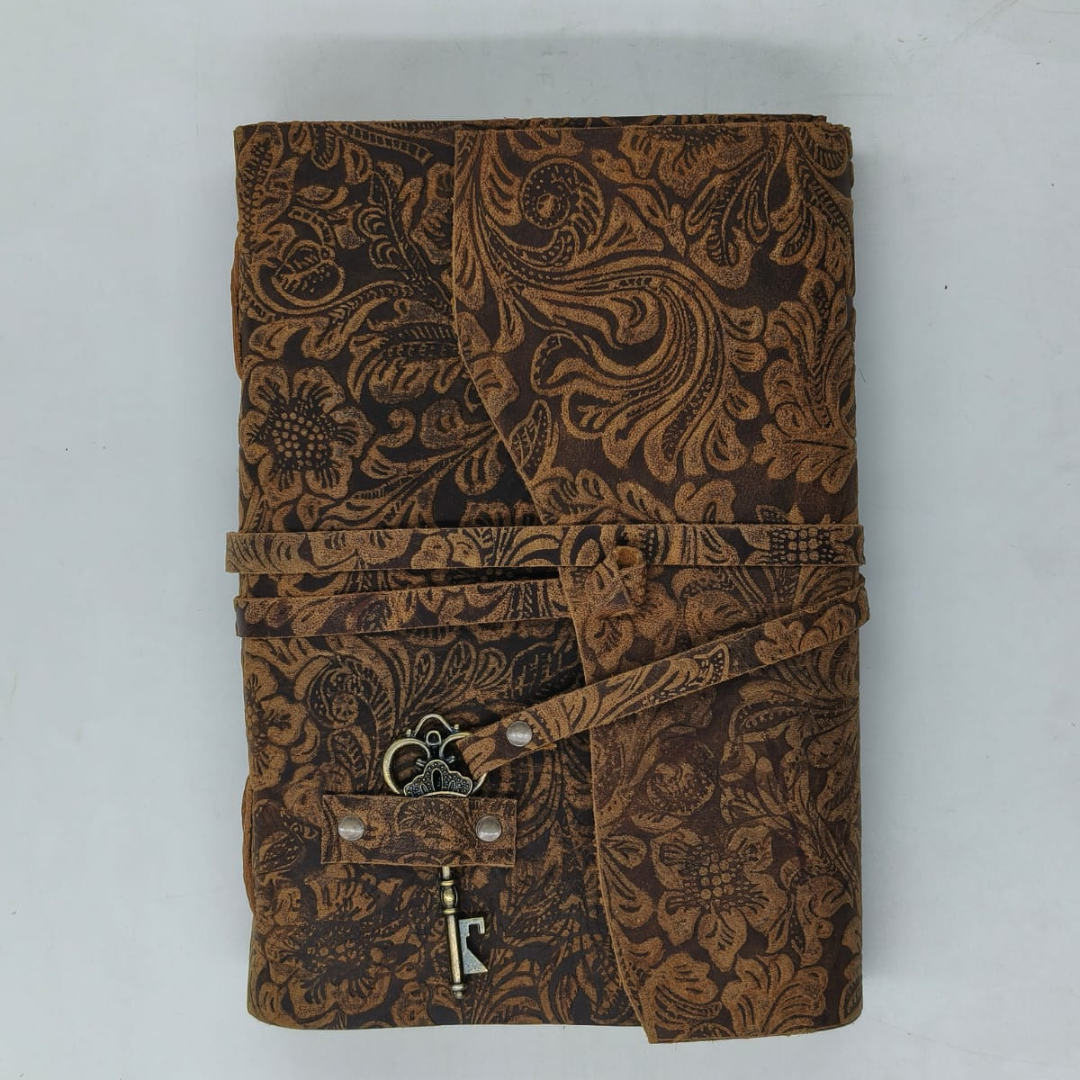 Vintage Floral Leather Journal with Key Lock – Handmade Antique Style Diary for Writing, Sketching