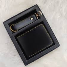 Premium Black Vegan Leather Wallet & Keychain Gift Set for Men | Stylish Wallet with Durable Keychain | Ideal Gift for Birthday, Anniversary & Corporate Use