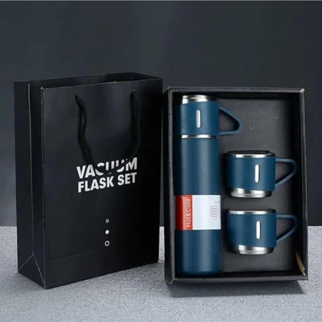 Premium Blue Vacuum Flask Set with 3 Cups | Stainless Steel Insulated Thermos for 12 hrs. Hot & 12 hrs. Cold Beverages | Leak-Proof Travel Flask Gift Set for Office, Home & Corporate Gifting