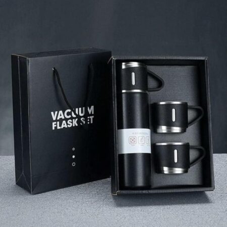 Premium Black Vacuum Flask Set with 3 Cups | Stainless Steel Insulated Thermos for 12 hrs. Hot & 12 hrs. Cold Beverages | Leak-Proof Travel Flask Gift Set for Office, Home & Corporate Gifting