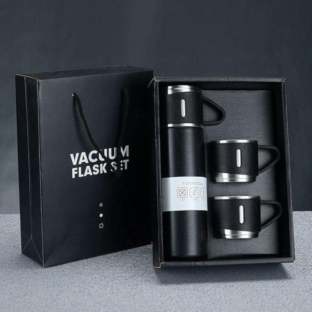 Premium Black Vacuum Flask Set with 3 Cups | Stainless Steel Insulated Thermos for 12 hrs. Hot & 12 hrs. Cold Beverages | Leak-Proof Travel Flask Gift Set for Office, Home & Corporate Gifting