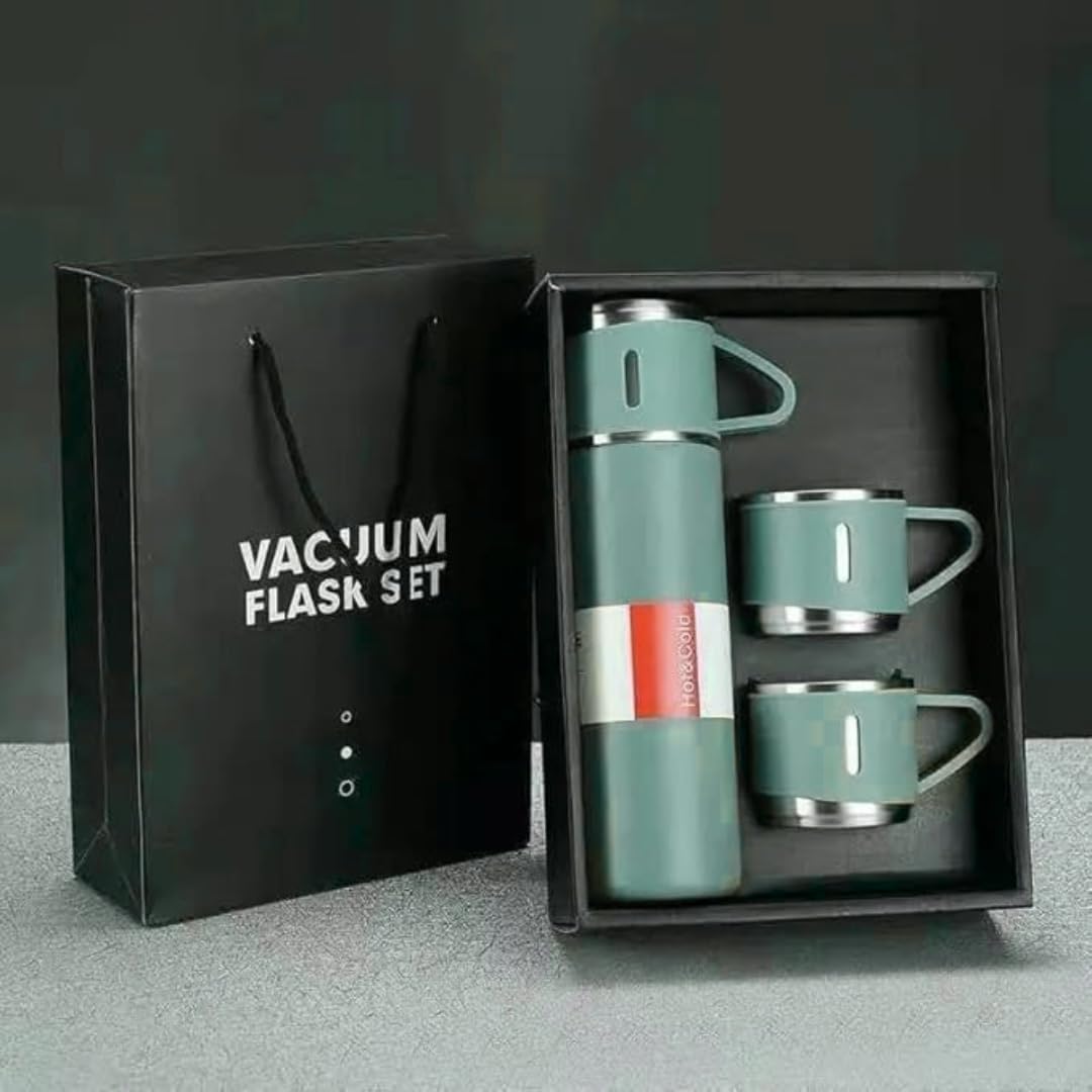 Premium Vacuum Flask Set with 3 Cups | Stainless Steel Insulated Flask for 12 hrs. Hot & 12 hrs. Cold Beverages | Leak-Proof Travel Thermos Gift Set for Office, Home & Corporate Gifting