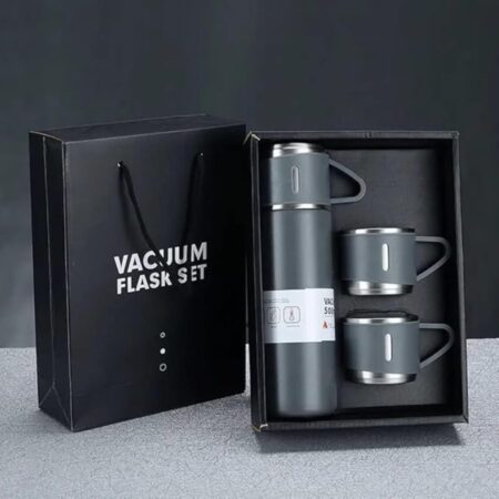 Premium Grey Vacuum Flask Set with 3 Cups | Stainless Steel Insulated Thermos for 12 hrs. Hot & 12 hrs. Cold Beverages | Leak-Proof Travel Flask Gift Set for Office, Home & Corporate Gifting