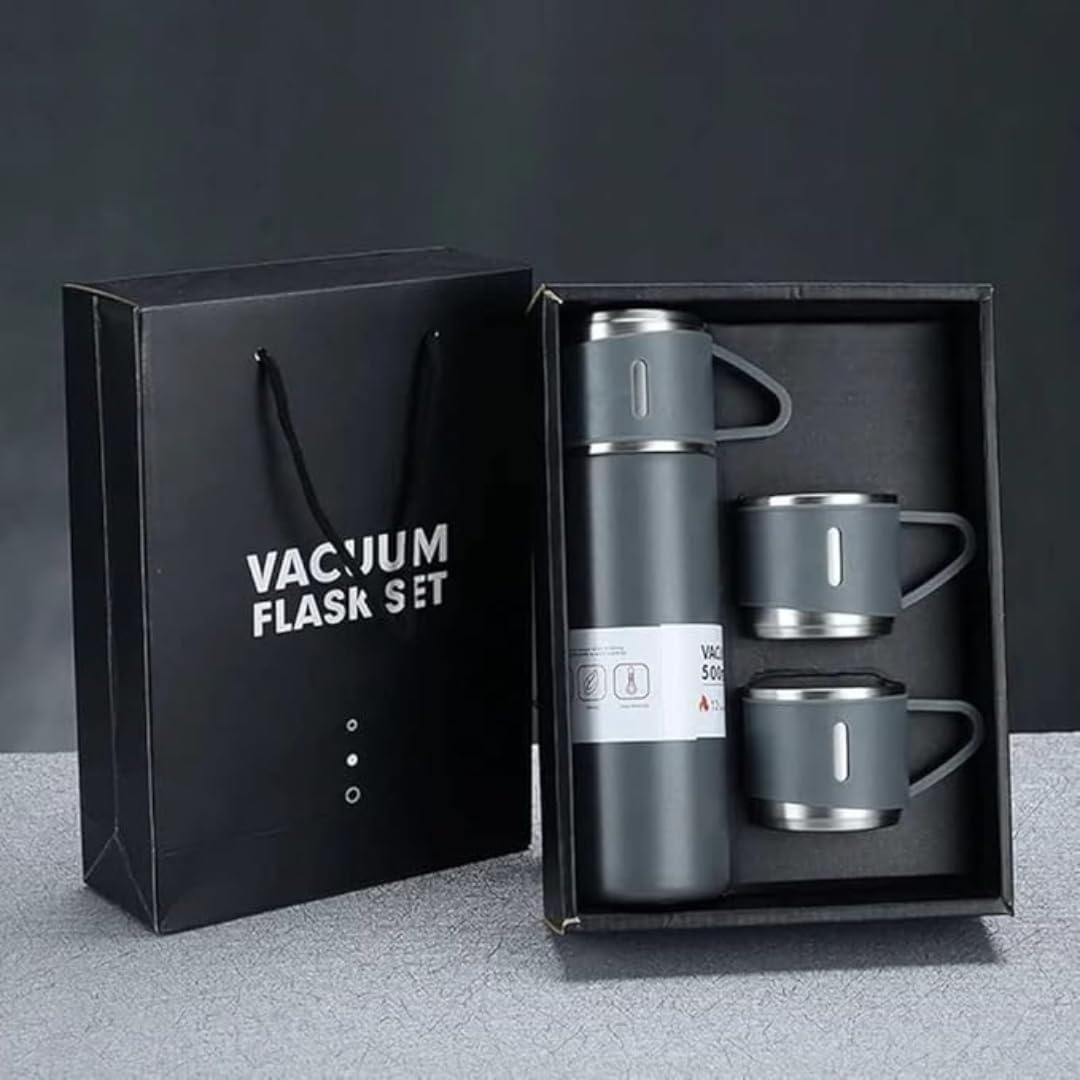 Premium Grey Vacuum Flask Set with 3 Cups | Stainless Steel Insulated Thermos for 12 hrs. Hot & 12 hrs. Cold Beverages | Leak-Proof Travel Flask Gift Set for Office, Home & Corporate Gifting