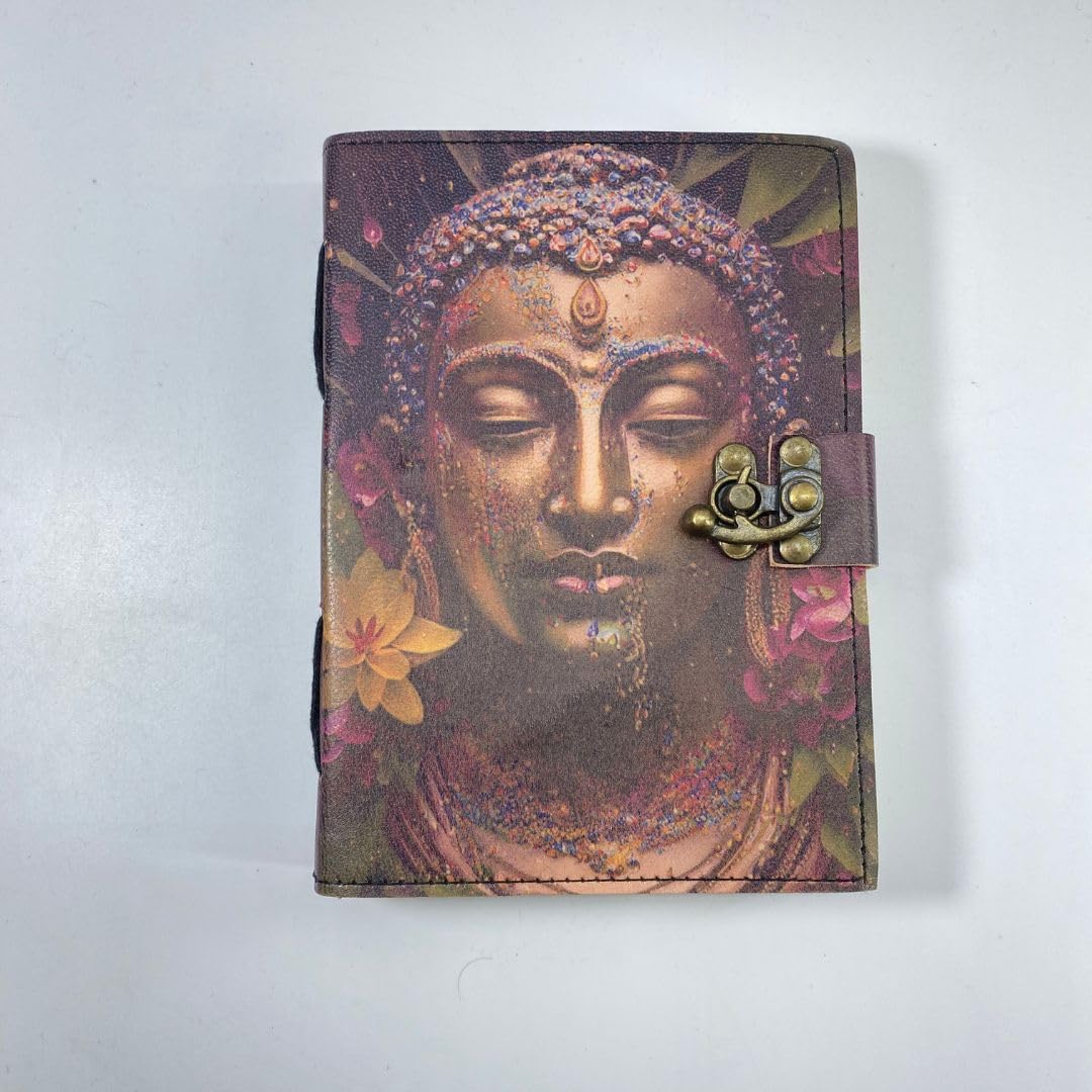 Handcrafted Buddha Face Leather Journal with Lock – Spiritual Diary, Vintage Handmade Notebook for Writing, Sketching