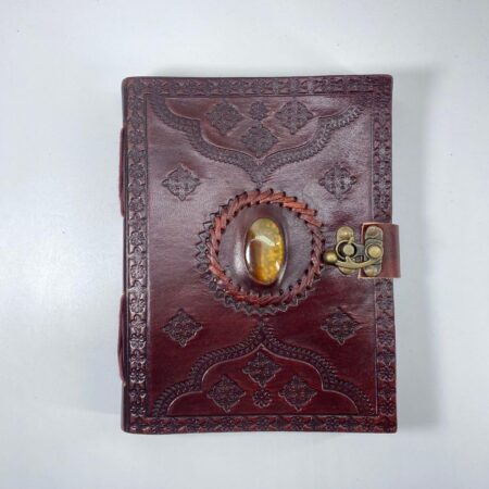Handmade Leather Journal with Stone Lock – Vintage Embossed Diary Notebook