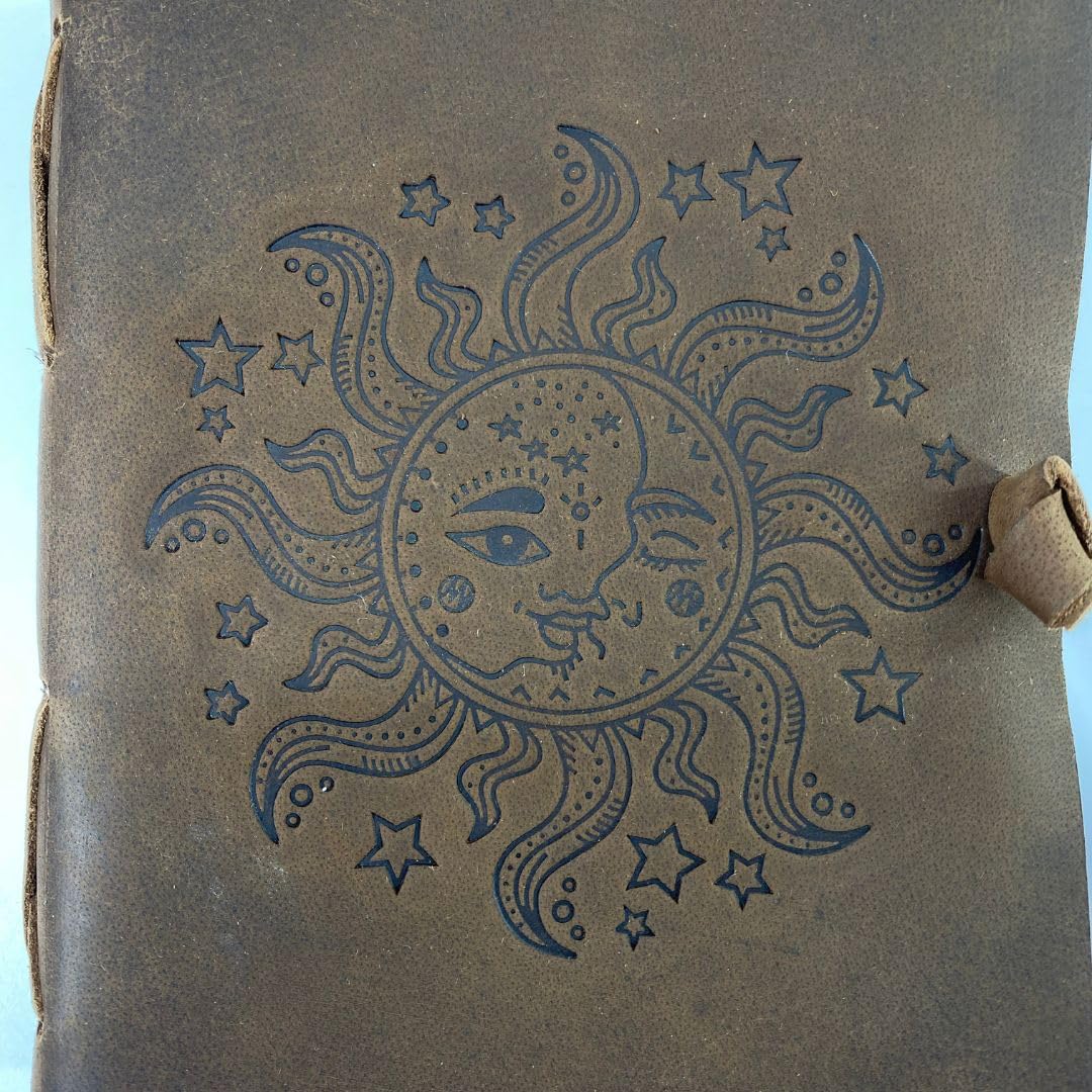 Handmade Leather Journal Sun & Moon Design | Vintage Celestial Diary Notebook