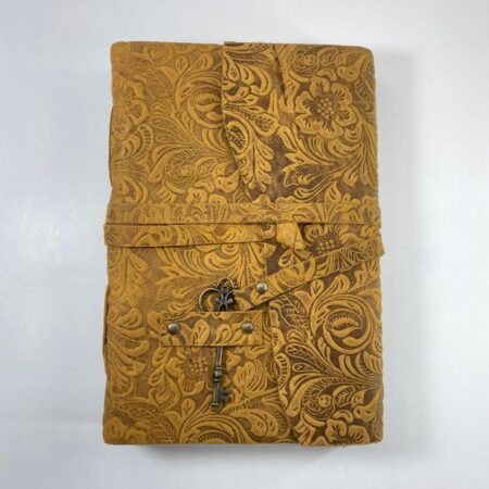 Vintage Floral Embossed Leather Journal with Key Lock – Handmade Antique Diary for Writing, Sketching