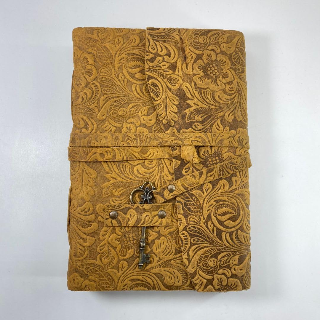 Vintage Floral Embossed Leather Journal with Key Lock – Handmade Antique Diary for Writing, Sketching