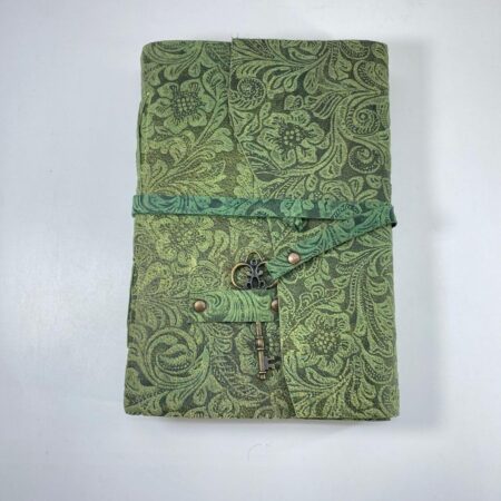 Vintage Green Floral Leather Journal with Key Lock – Handmade Antique Diary for Writing, Sketching & Creative Journaling