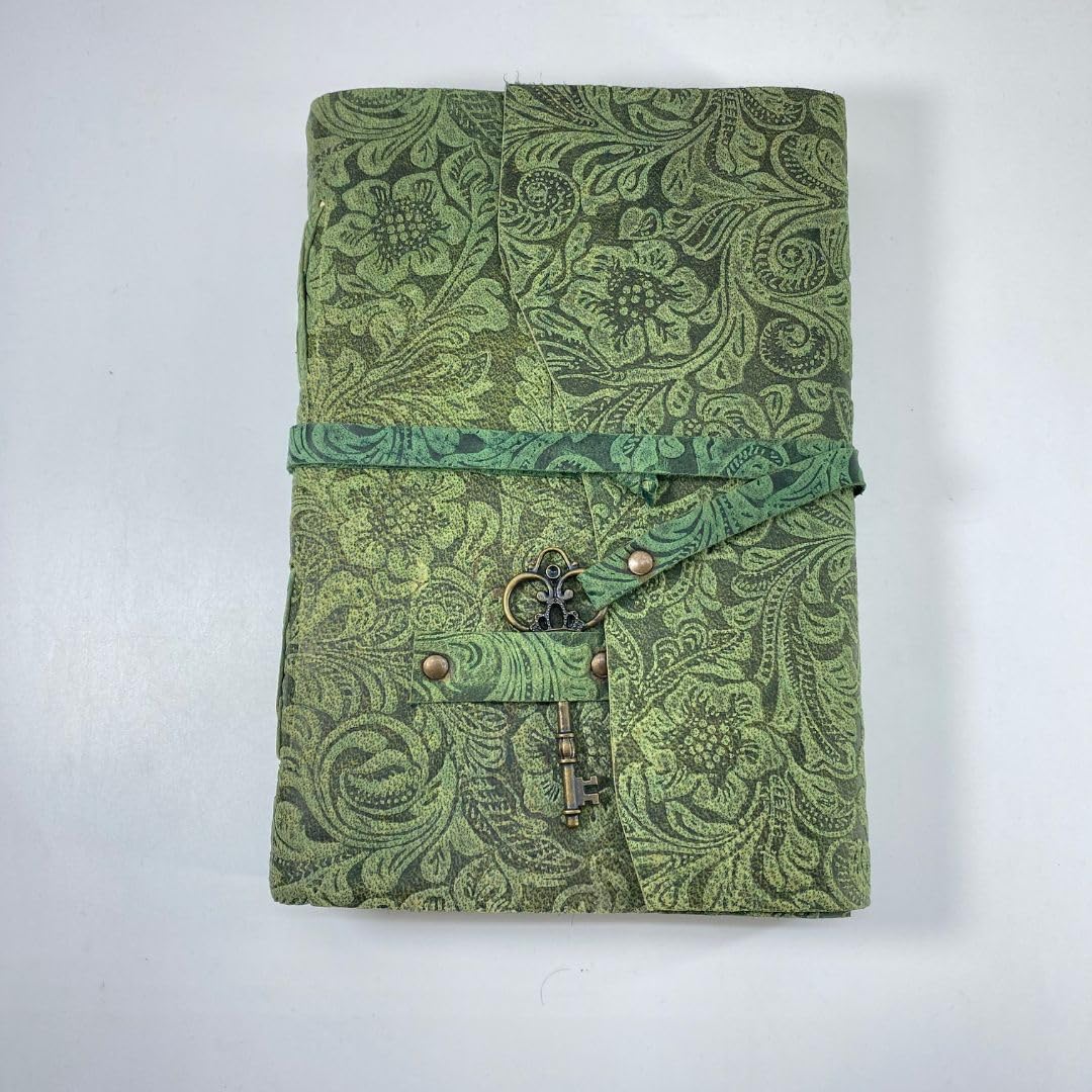 Vintage Green Floral Leather Journal with Key Lock – Handmade Antique Diary for Writing, Sketching & Creative Journaling