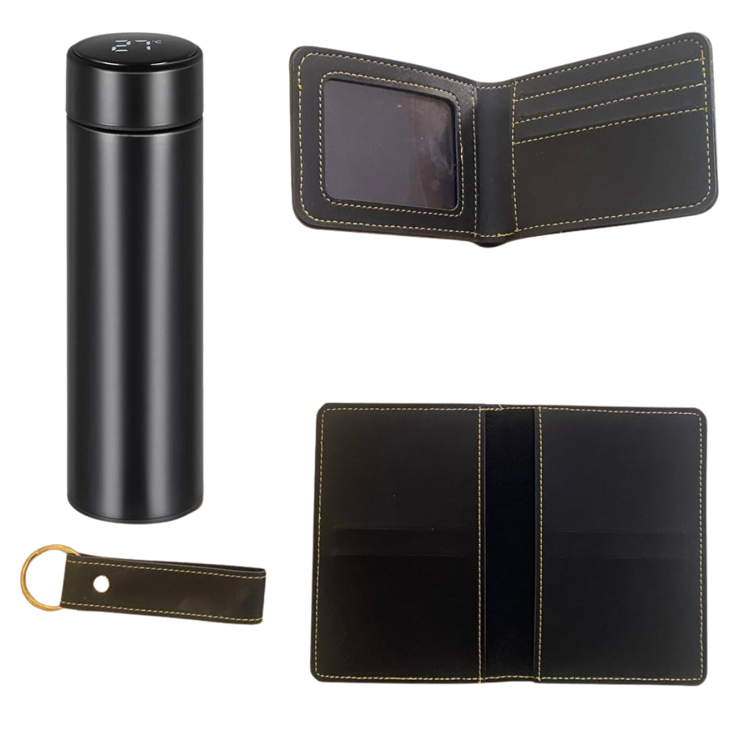 Premium Gift Set for Men | Stainless Steel Bottle, Leather Wallet, Passport Holder & Keychain | Corporate & Office Gifting Combo