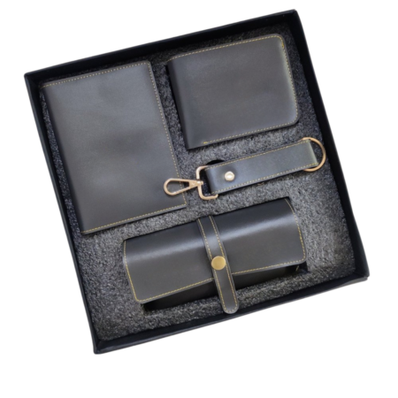 Premium VeganLeather Gift Set for Men | 4-Piece Wallet, Passport Holder, Sunglasses holder Case & Keychain Combo | Stylish Office & Corporate Gifting Set
